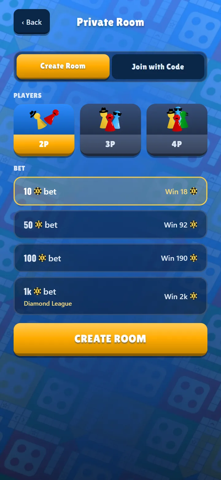 Creating a private Poki room, choosing player count and stake